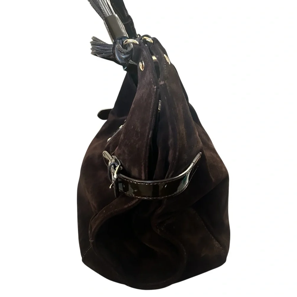 kate spade dark brown suede hobo with patent trim